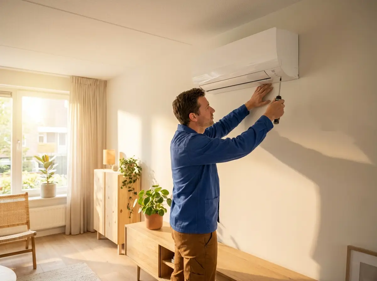 Installateur monteert een airco-binnenunit
