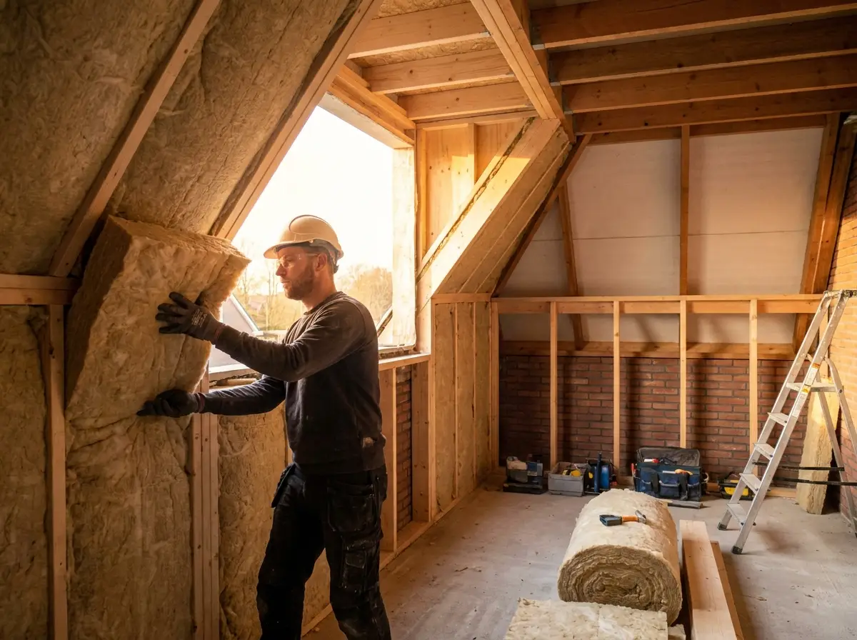 Installateur brengt isolatiemateriaal aan