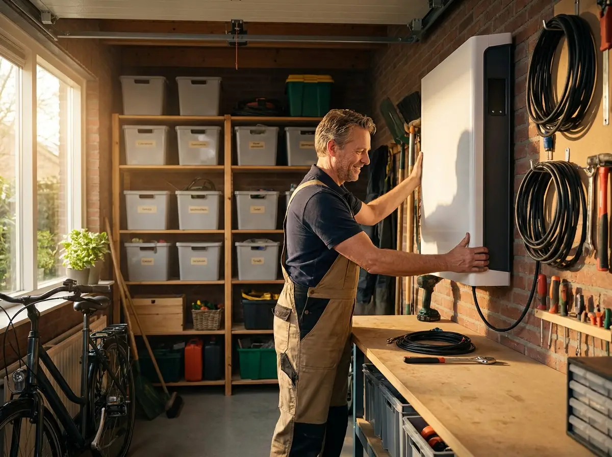 Installateur monteert een thuisbatterij in de garage