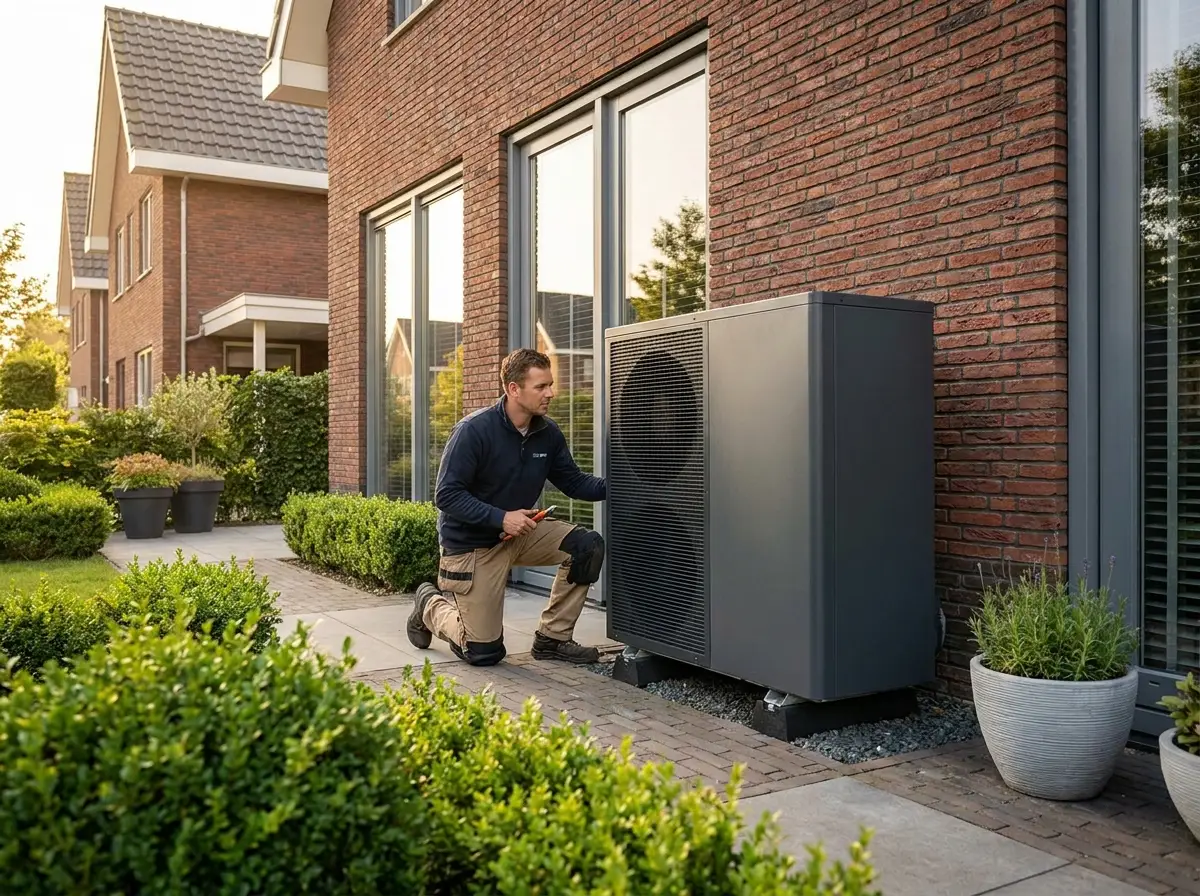 Installateur bij een warmtepomp buitenunit