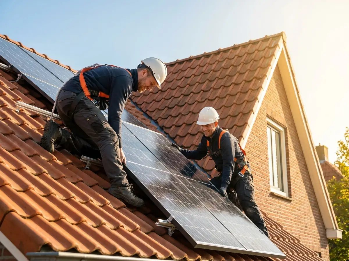 Installateurs plaatsen zonnepanelen op een dak